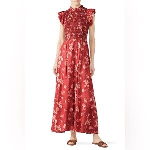 SEA NYC Merlot Monet Smocked Maxi Floral Red Dress